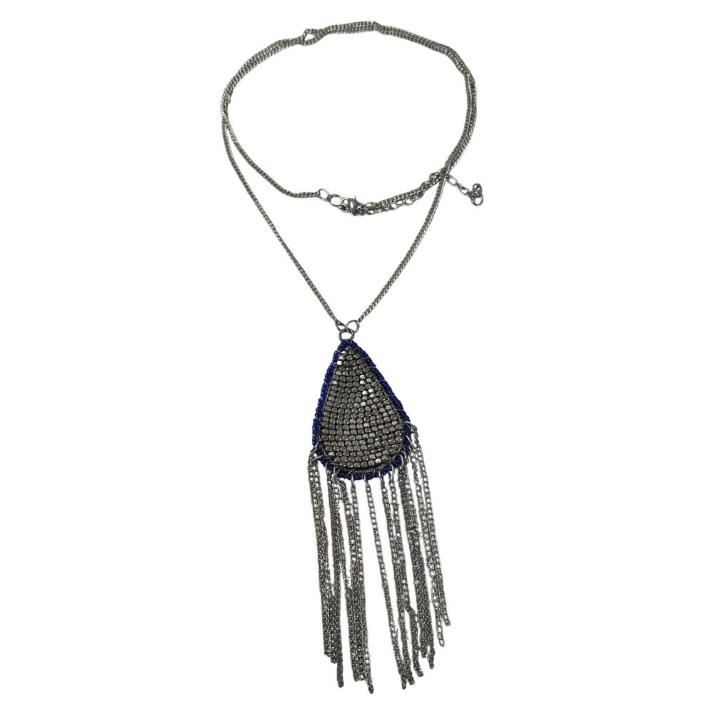 Boho Silver Tone‎ Teardrop Fringe Beaded Statement Pendant Long Necklace Blue